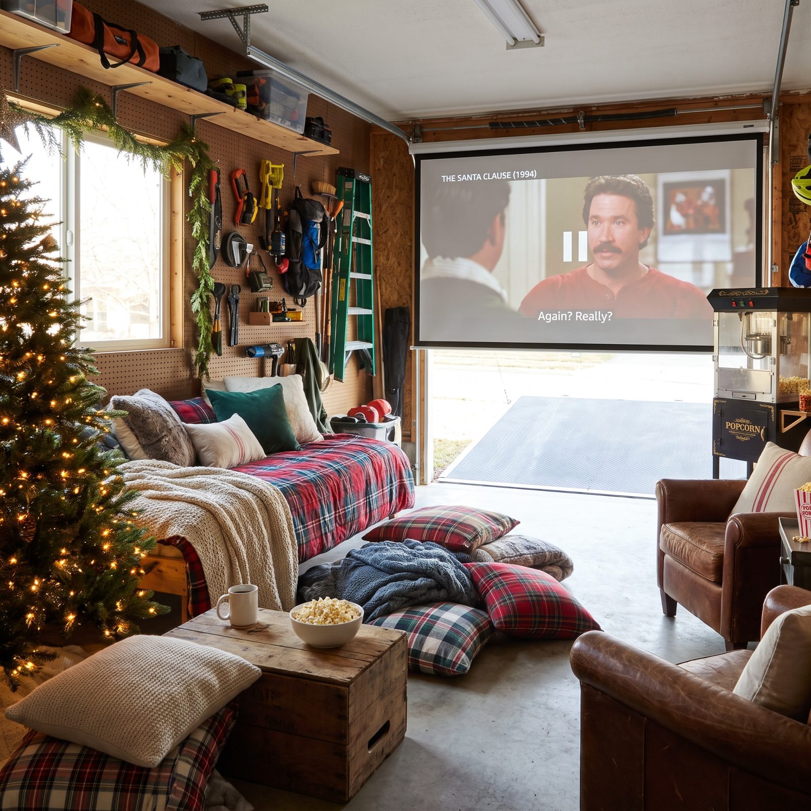 A Toy Hauler Garage Turned Into a Cozy Christmas Movie Lounge