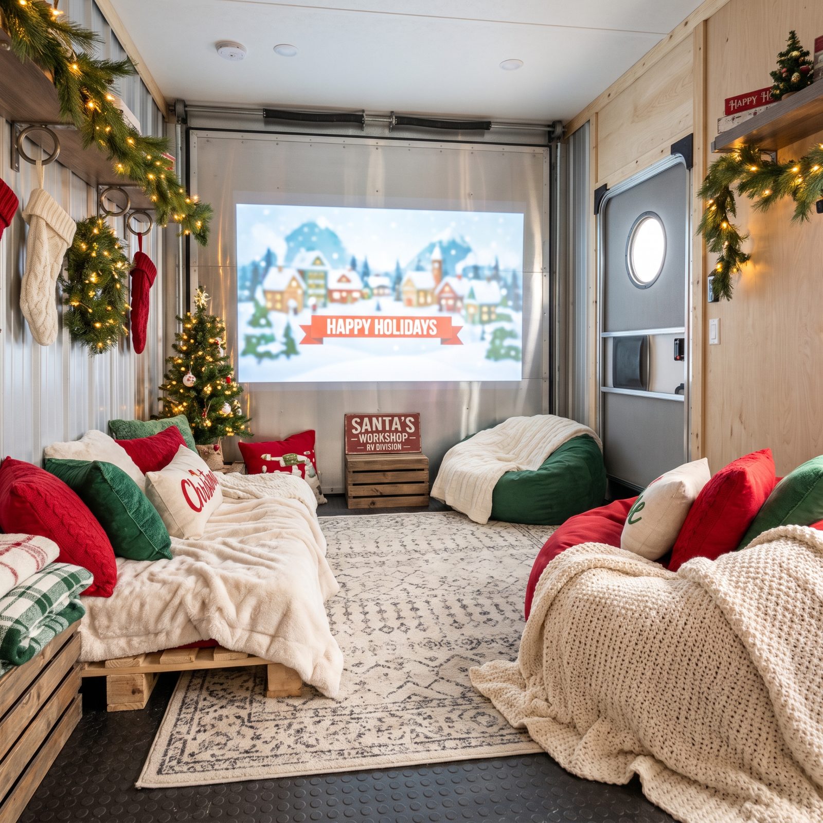 A Toy Hauler Garage Turned Into a Cozy Christmas Movie Lounge
