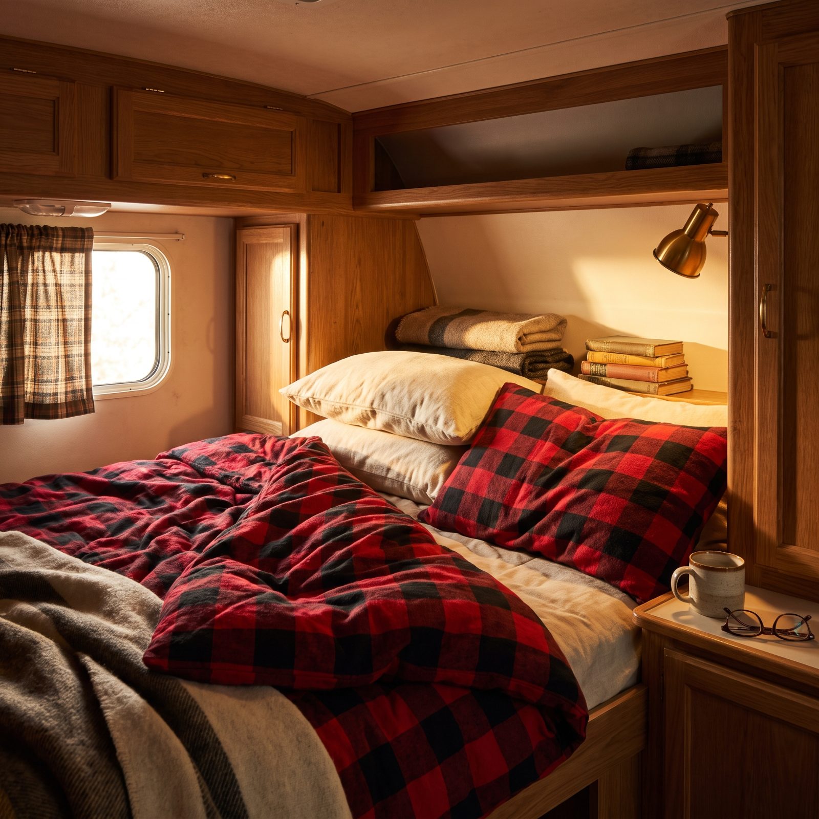 A Truck Camper Cabover Bed Made Up in Flannel and Buffalo Check