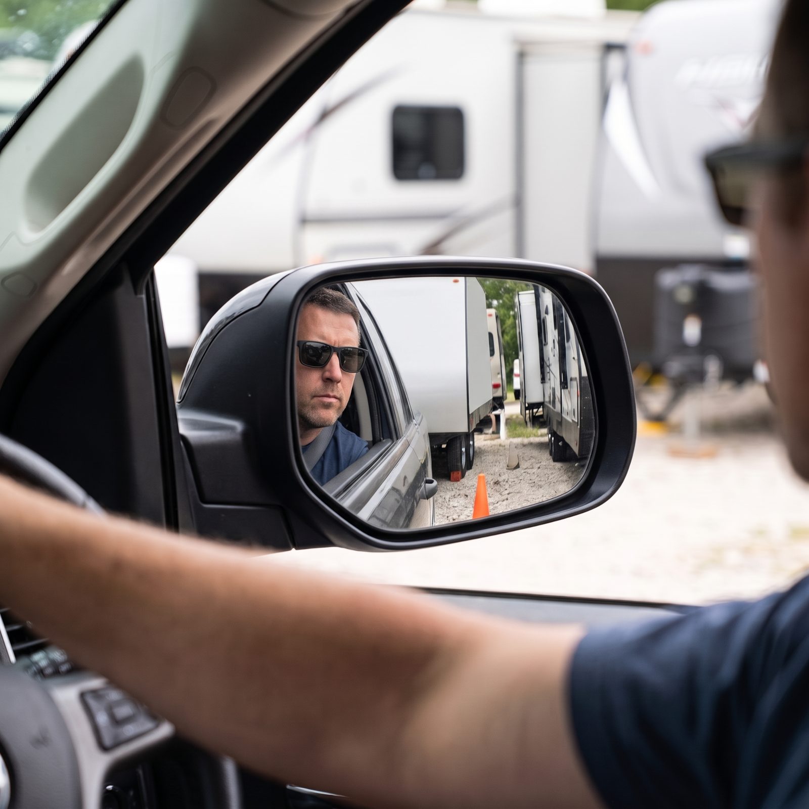 View from a pickup driver's seat backing a travel trailer into a gravel campsite, side mirror showing the trailer and two