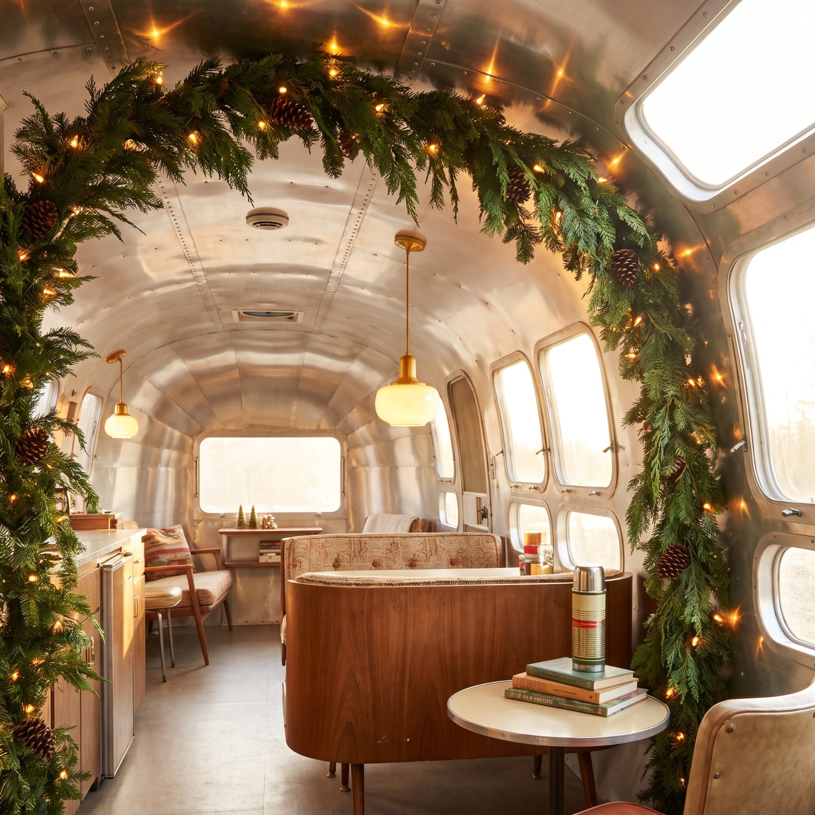 A Vintage Airstream With a Garland Arch Over the Curved Ceiling