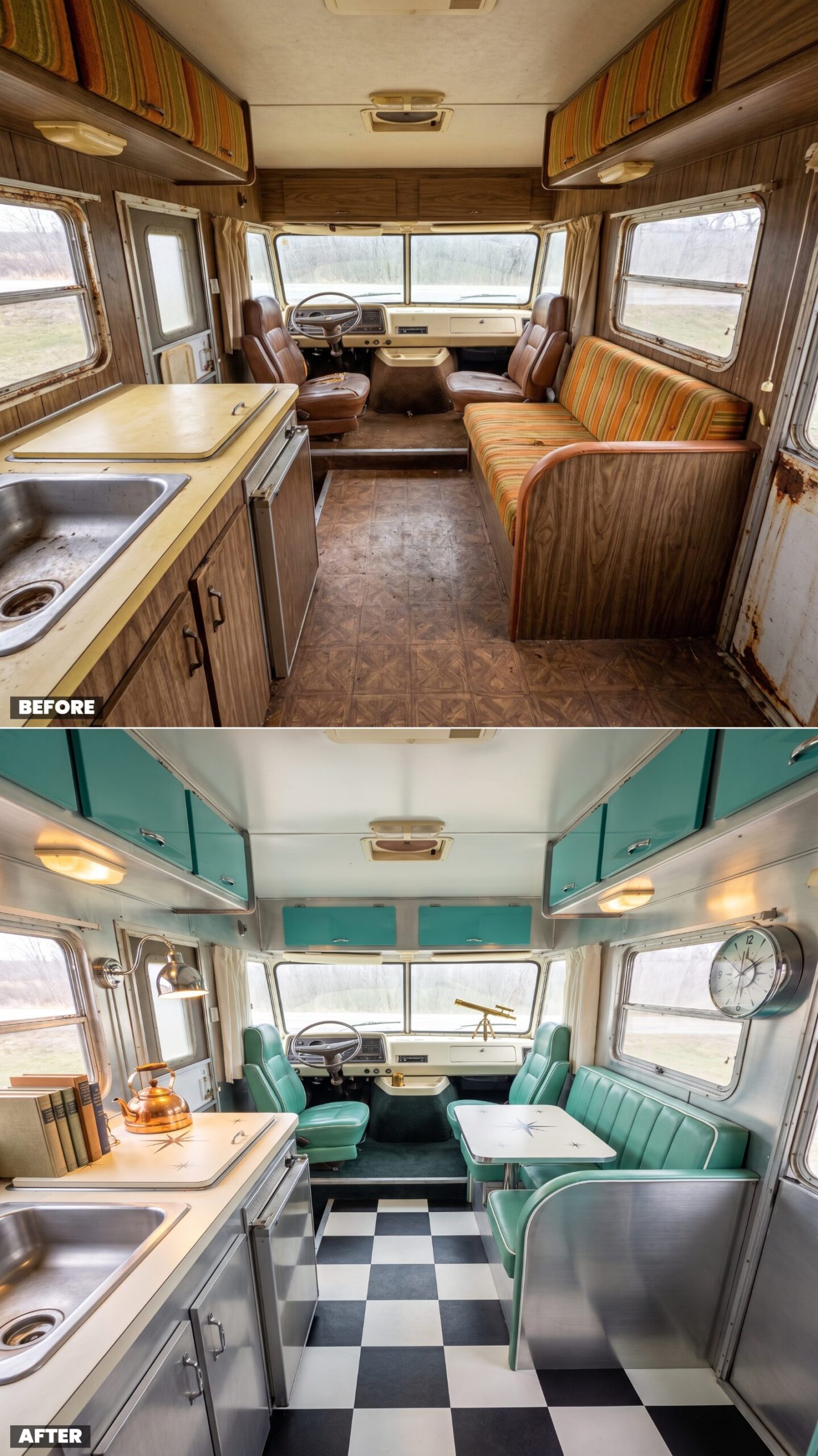 Vintage Airstream Spirit Reborn in Brushed Aluminum and Teal