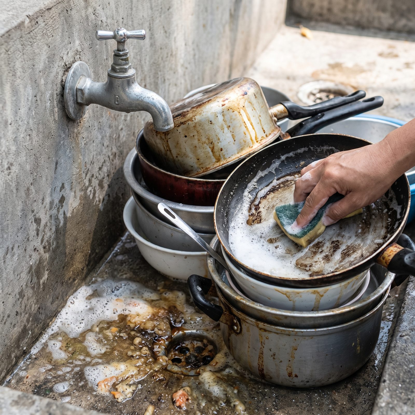 Washing Dishes Directly at a Communal Water Faucet