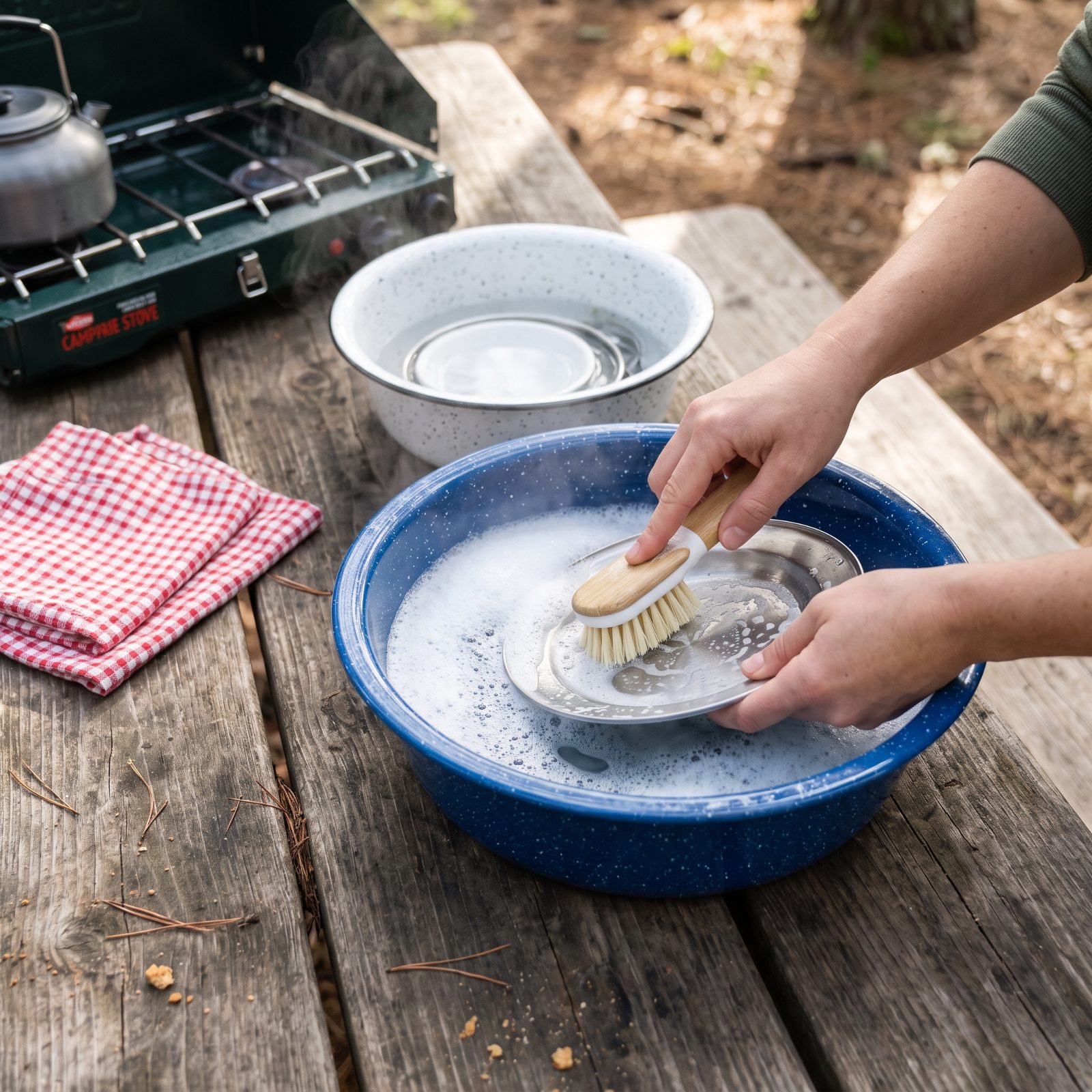 Washing Dishes in an Enamel Basin on the Picnic Table
