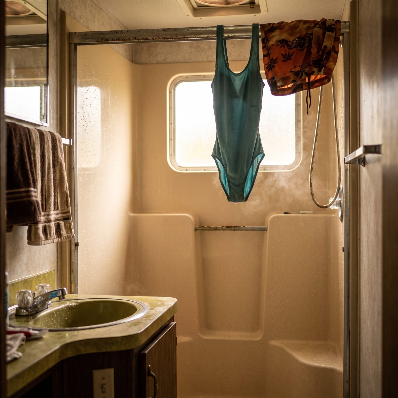 Wet Swimsuits Hanging in the RV Shower