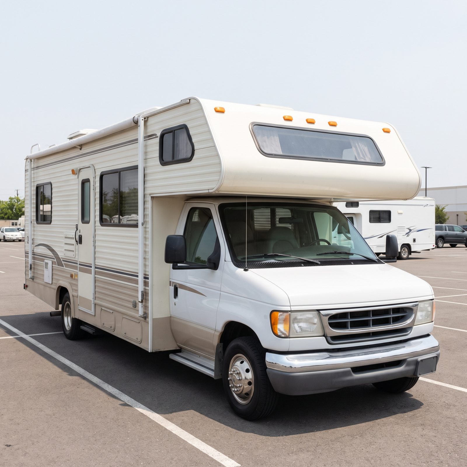 Class C motorhome with a cab-over bunk parked in a campground loop with a small awning and camp table.