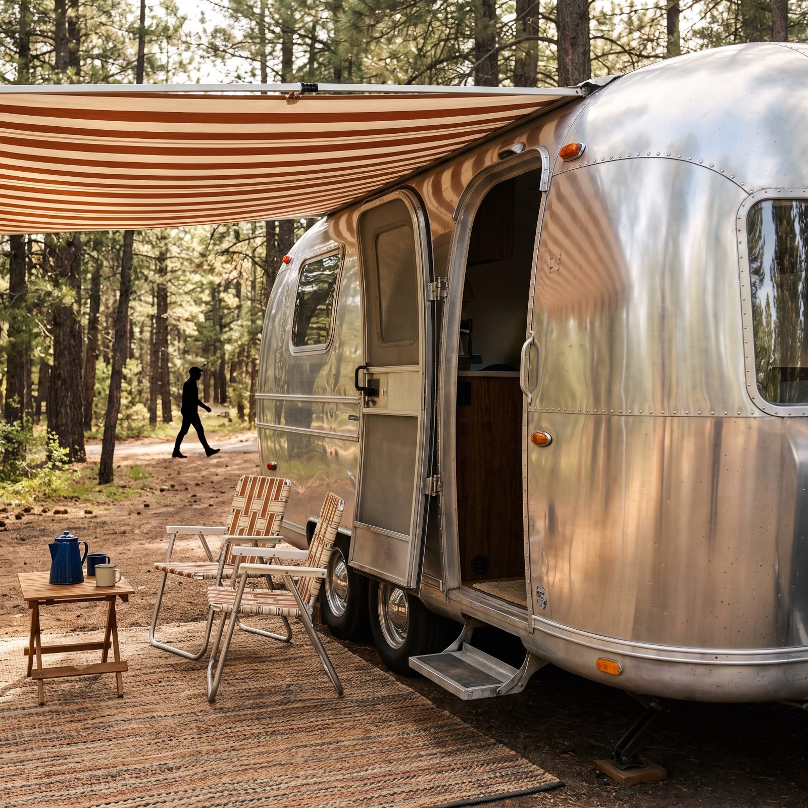 Polished aluminum travel trailer at a forested campsite with an awning, rug, and two folding chairs set up.