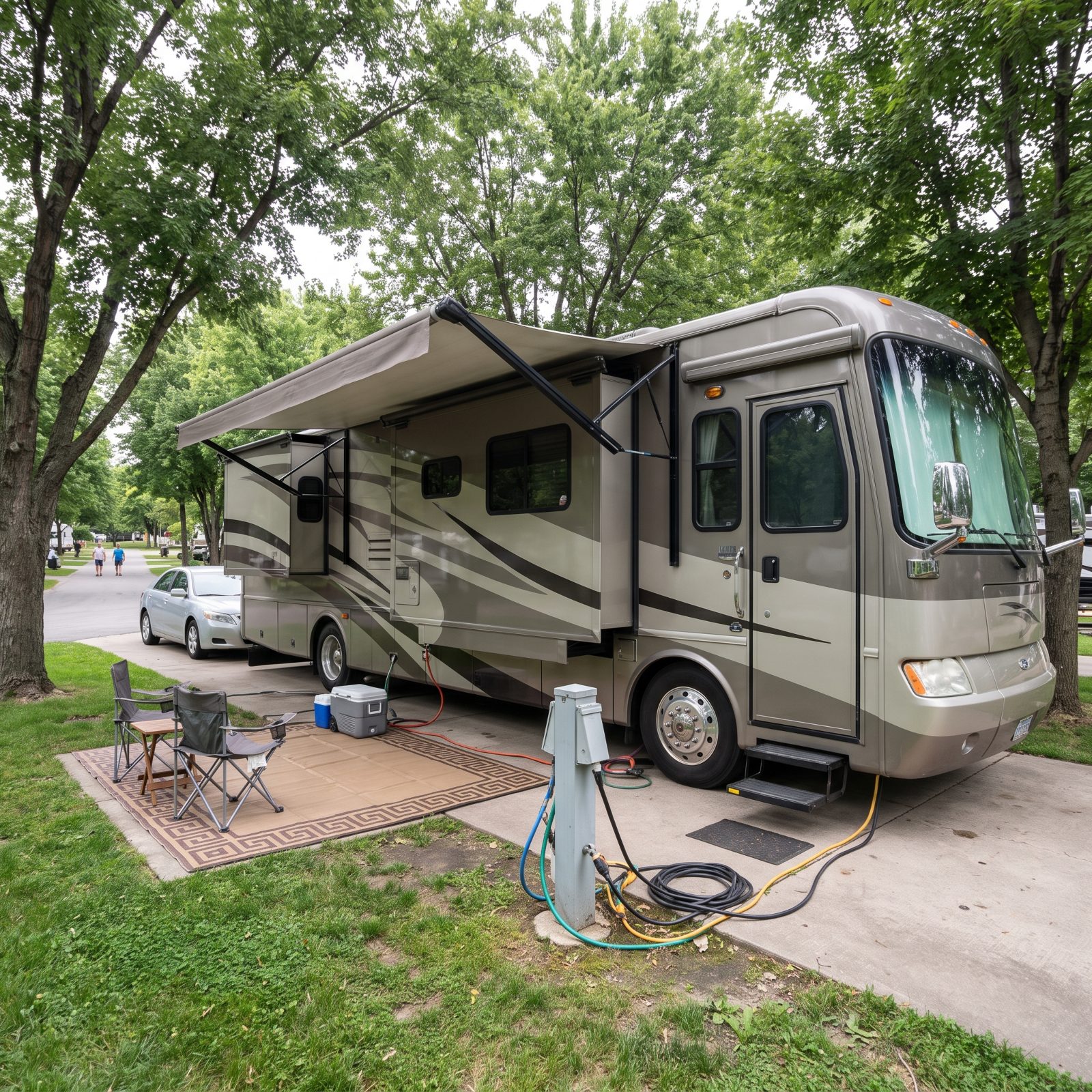 Large Class A motorhome at an RV park with three slides out, awning extended, a tow car alongside, and full utility hookups