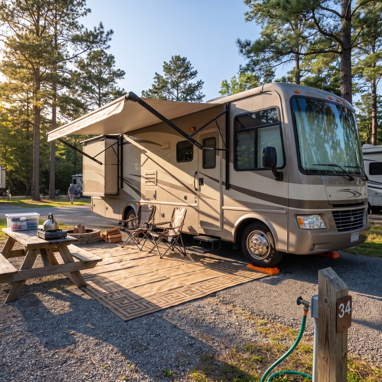 State park campsite with a Class A motorhome, extended awning, outdoor rug squared to a picnic table, and two camp chairs by