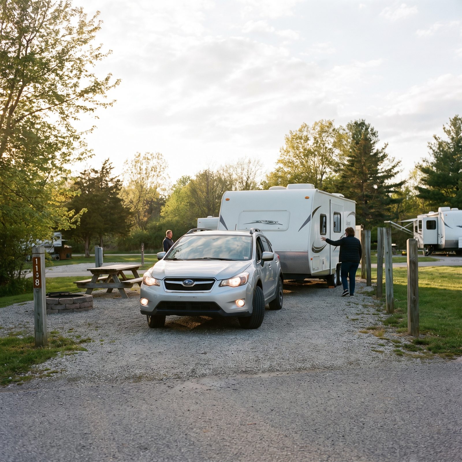 Travel trailer being backed into a gravel campsite pad at dusk between two wooden site posts, reversing lights on.