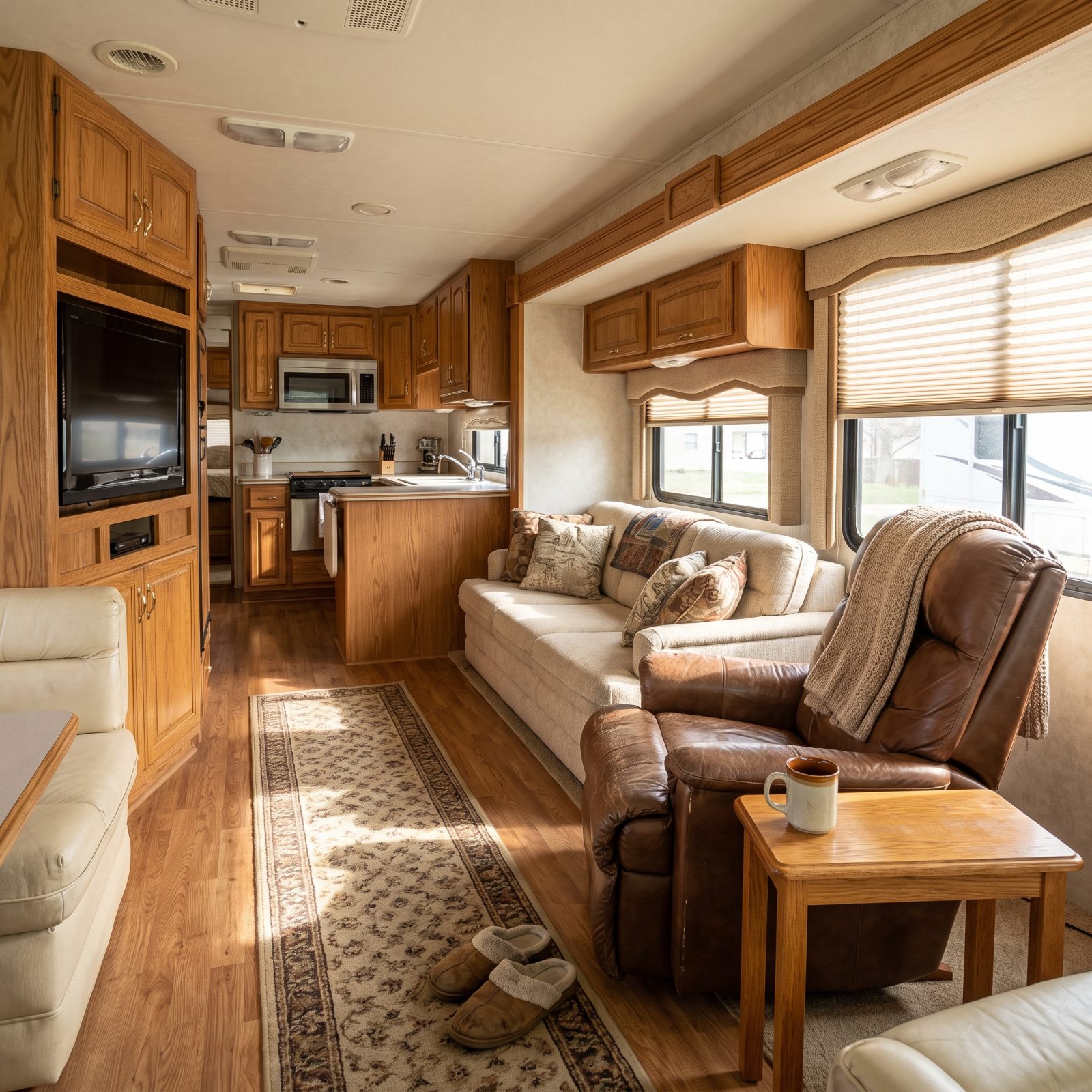 Class A motorhome interior with a leather recliner, sofa, and full kitchen visible from the aisle.