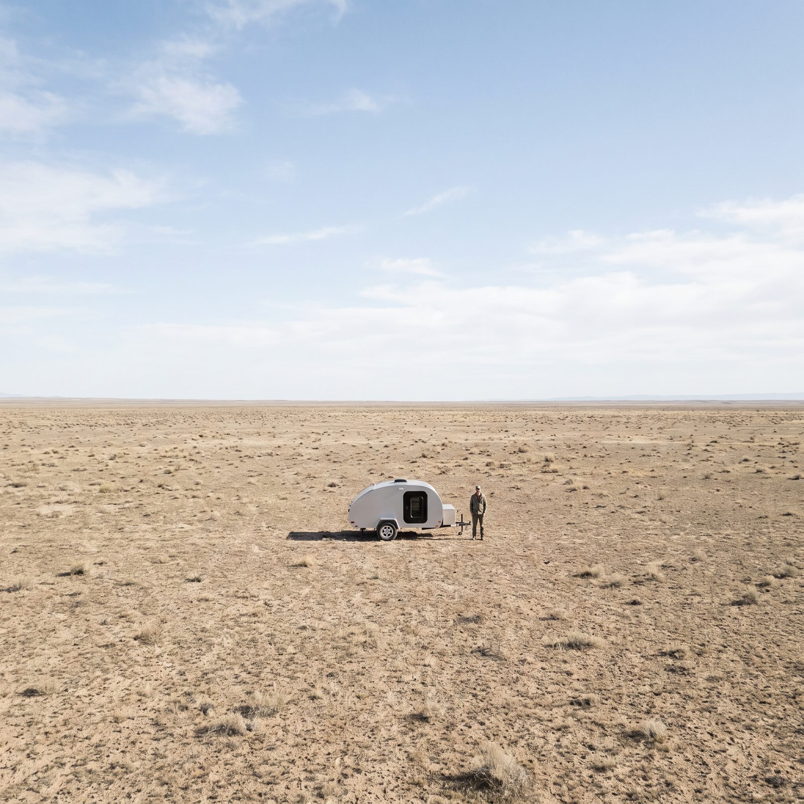 Small fiberglass teardrop trailer parked beside a lake, rear galley hatch open to a two-burner stove.