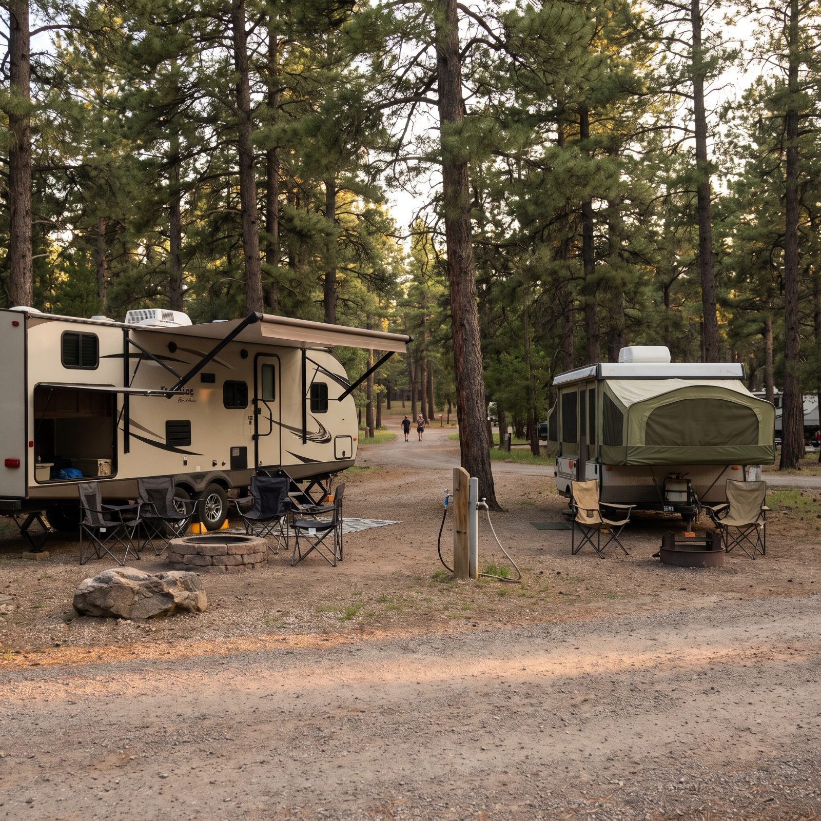 Two neighboring campsites at a wooded campground, one with a large bunkhouse trailer and one with a compact pop-up camper,