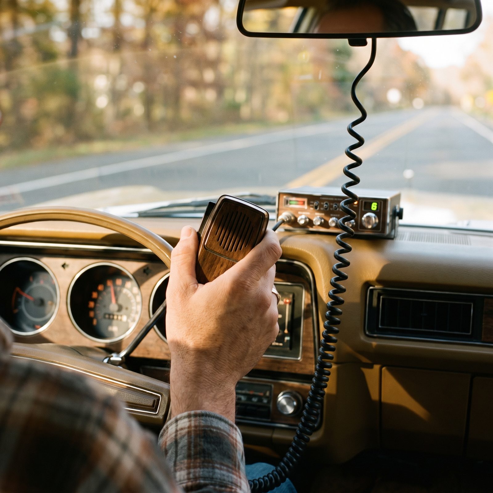 A Wood-Grain CB Radio With a Handheld Microphone
