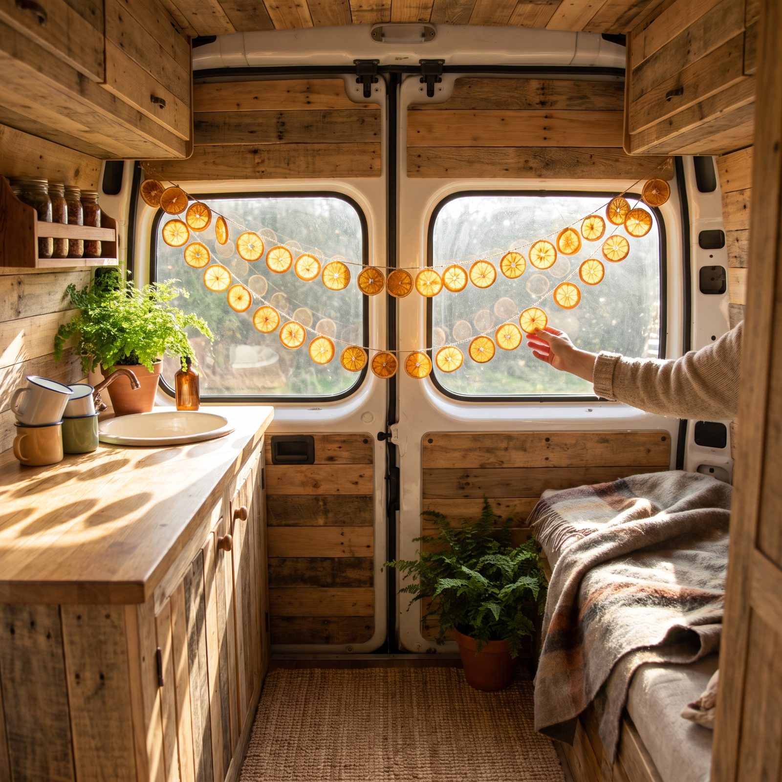A Woodsy Camper Van With Dried Orange Garlands at the Windows